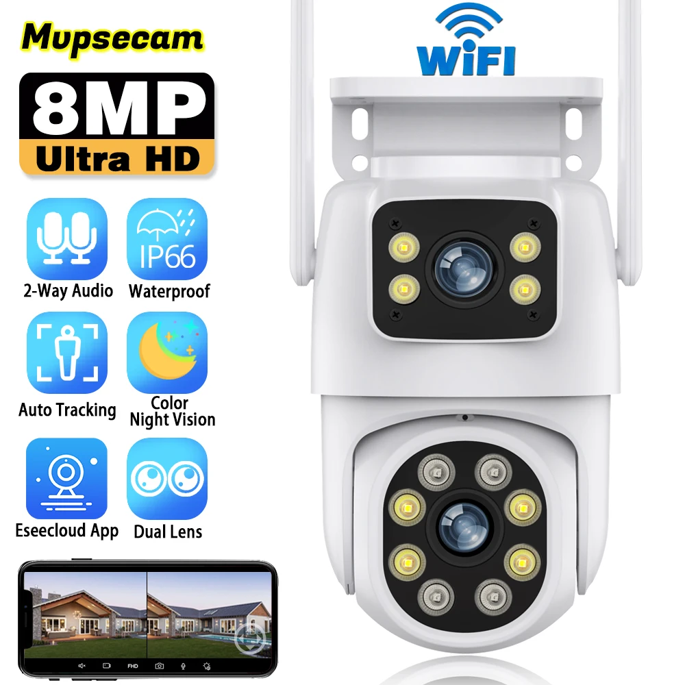 Cámara de seguridad inteligente para hogar, 8MP, doble lente, WIFI, PTZ, visión nocturna en Color, CCTV inalámbrico para exteriores, cámara de vigilancia Wi-Fi Eseecloud