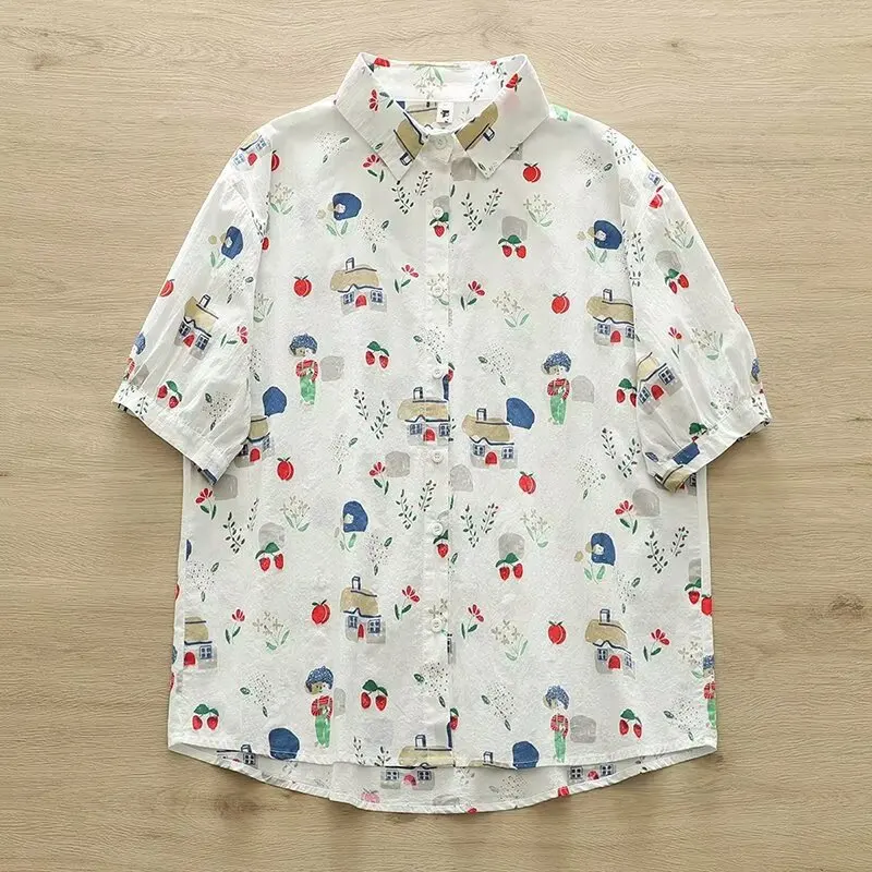 

Japanese Sweet Mori Girl Cartoon Printed 100% Cotton Shirts Women Summer Turn Down Collar Short Sleeve Casual Loose Blouse Tops