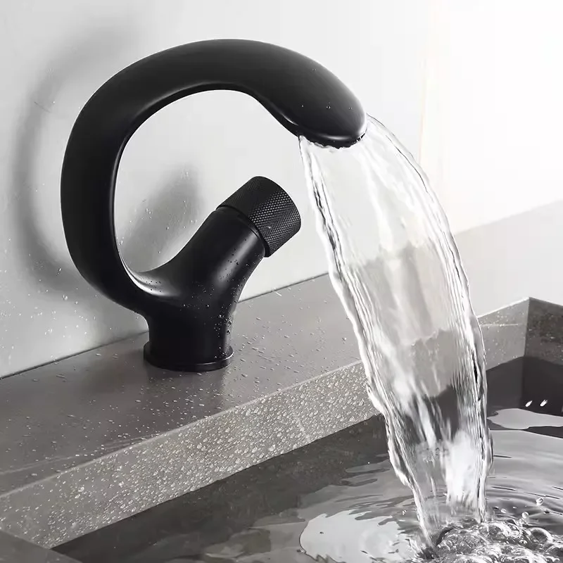 Tuqiu Black Bathroom Faucet  Grey Basin Faucet Hot and Cold Chrome Sink Faucet Deck Mounted Brass Toilet Mixer Waterfall Tap