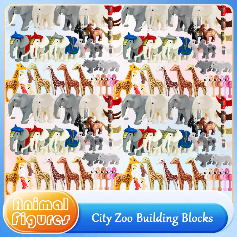 Città Zoo Animali Figure Accessori Building Blocks Modello Elefante Supporti Giraffa Capra Lupo Gufo Fenicottero Pappagallo Uccello Mattoni Giocattolo