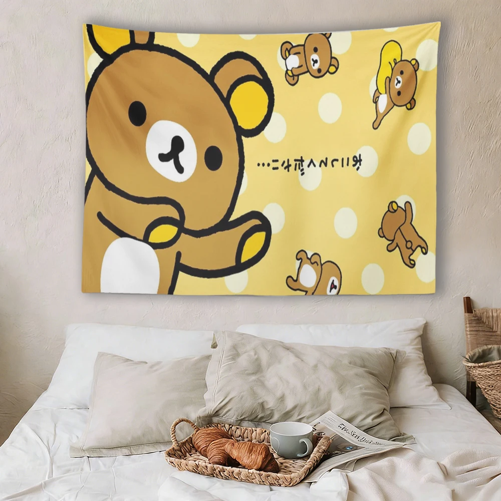 R-Rilakkuma Polka Dot Tapestry, Cute Kawaii Bear Wall Hanging, Soft Yellow Aesthetic Bedroom Dorm Decor, Anime Fan Gift