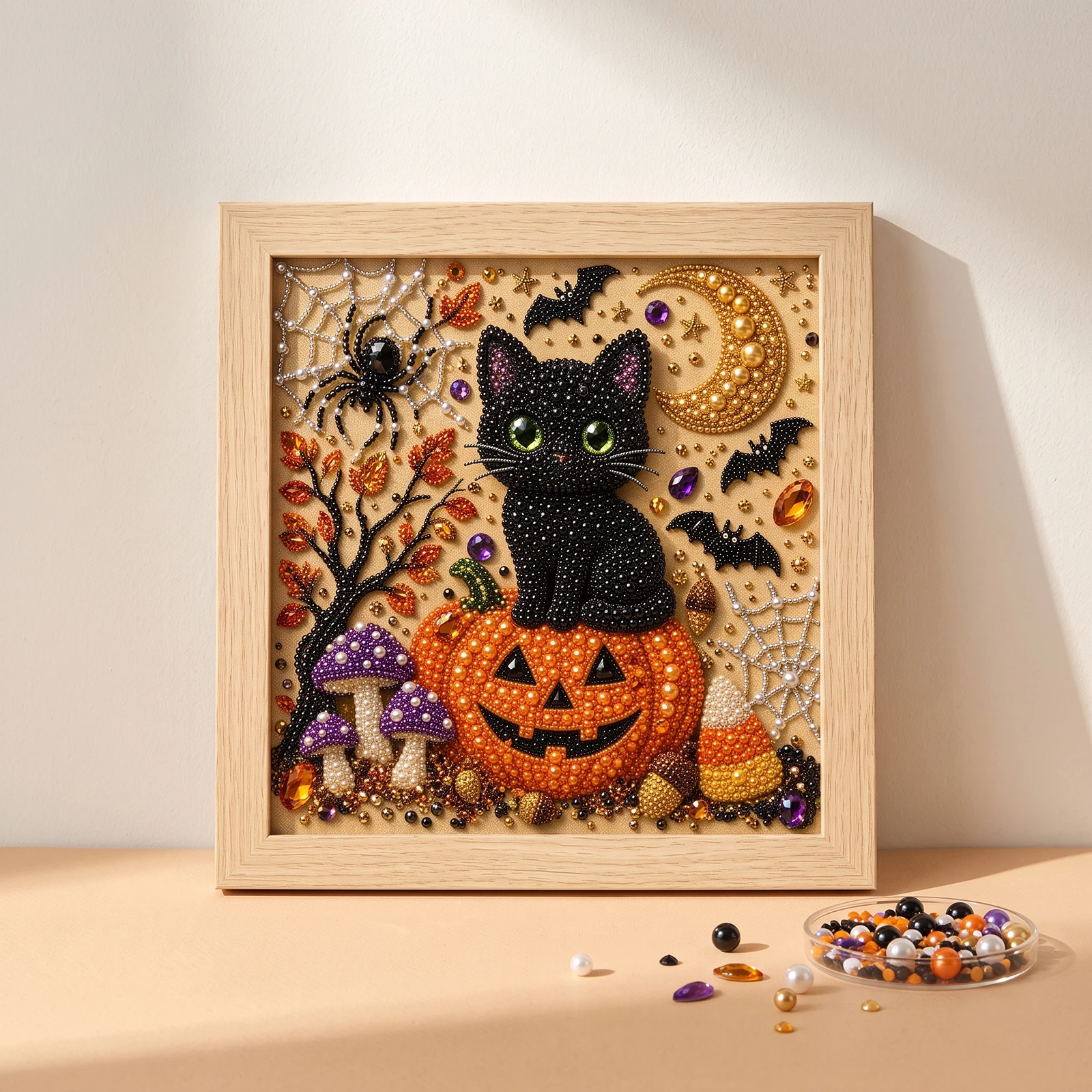 Halloween DIY Diamond Pearl Painting Kit Black Cat Pumpkin 3D Handmade Craft Wall Home Decor