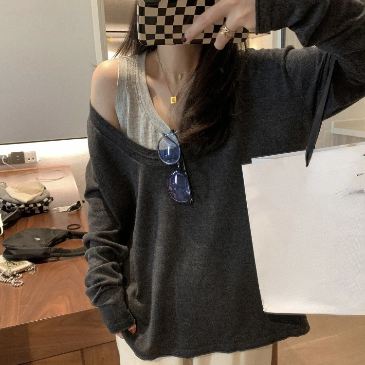 Grey Off Shoulder Knitted Vest Two-piece Sets 2024 Autumn Thin Long Sleeve Loose Pullovers+ Y2k Slim Fit  for Women