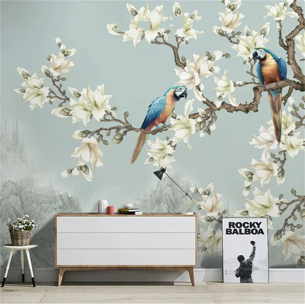 

American countryside flowers magnolia wall cloth living room sofa TV background wallpaper flower and bird custom mural