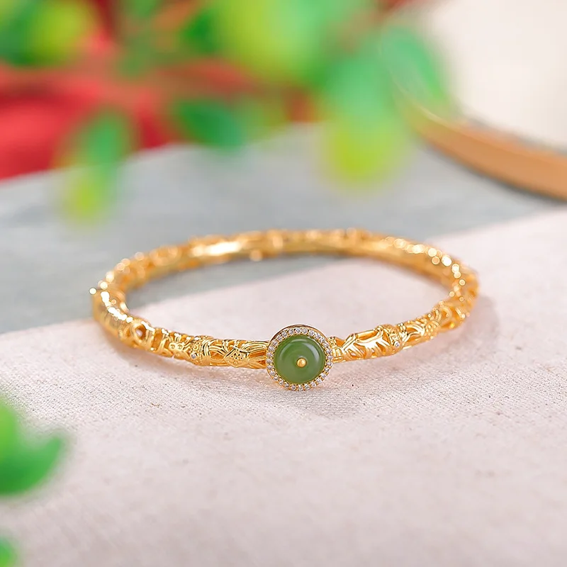 S925 Silver Natural Hetian Jade Hollow-Carved Peace Women'S Bracelet