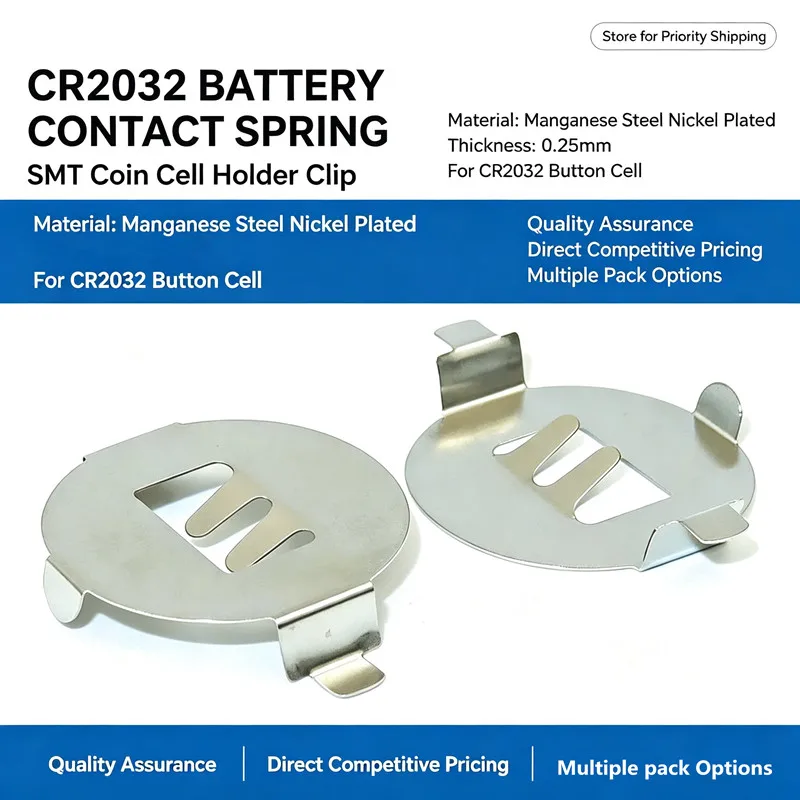 CR2032 SMT Battery Contact Spring Manganese Steel Nickel Plated 0.2mm, Coin Cell Holder Contact Clip for PCB Mount Button Batter
