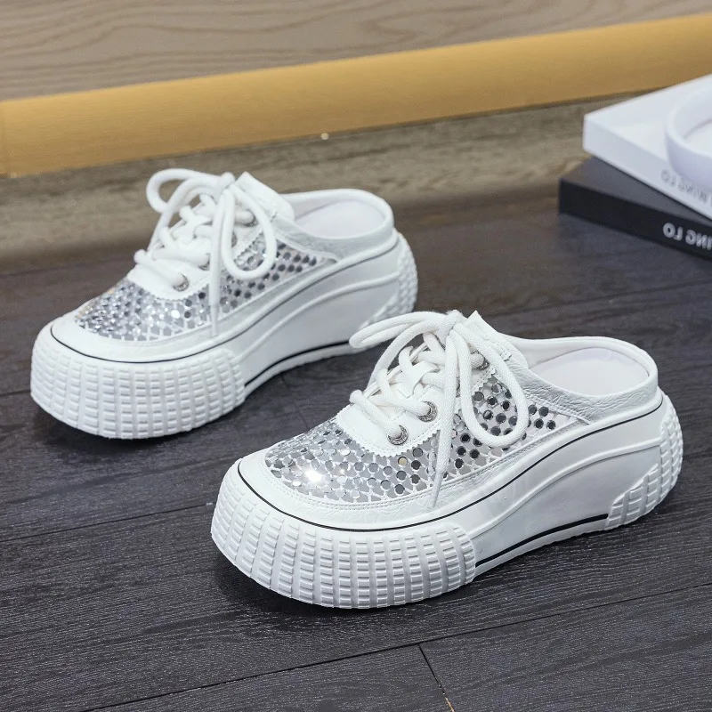 

6CM Women Shoes Fashion Air Mesh Rhinestone Mueller Slippers for Woman Comfort Vacation Casual Shoe Designer Shoes Zapatos Mujer
