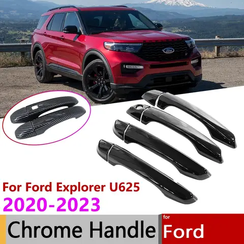 For Ford Explorer U625 2020 2021 2022 2023 Chrome Gloss Black Carbon Fiber Car Smart Door Handle Cover Trim External Stickers