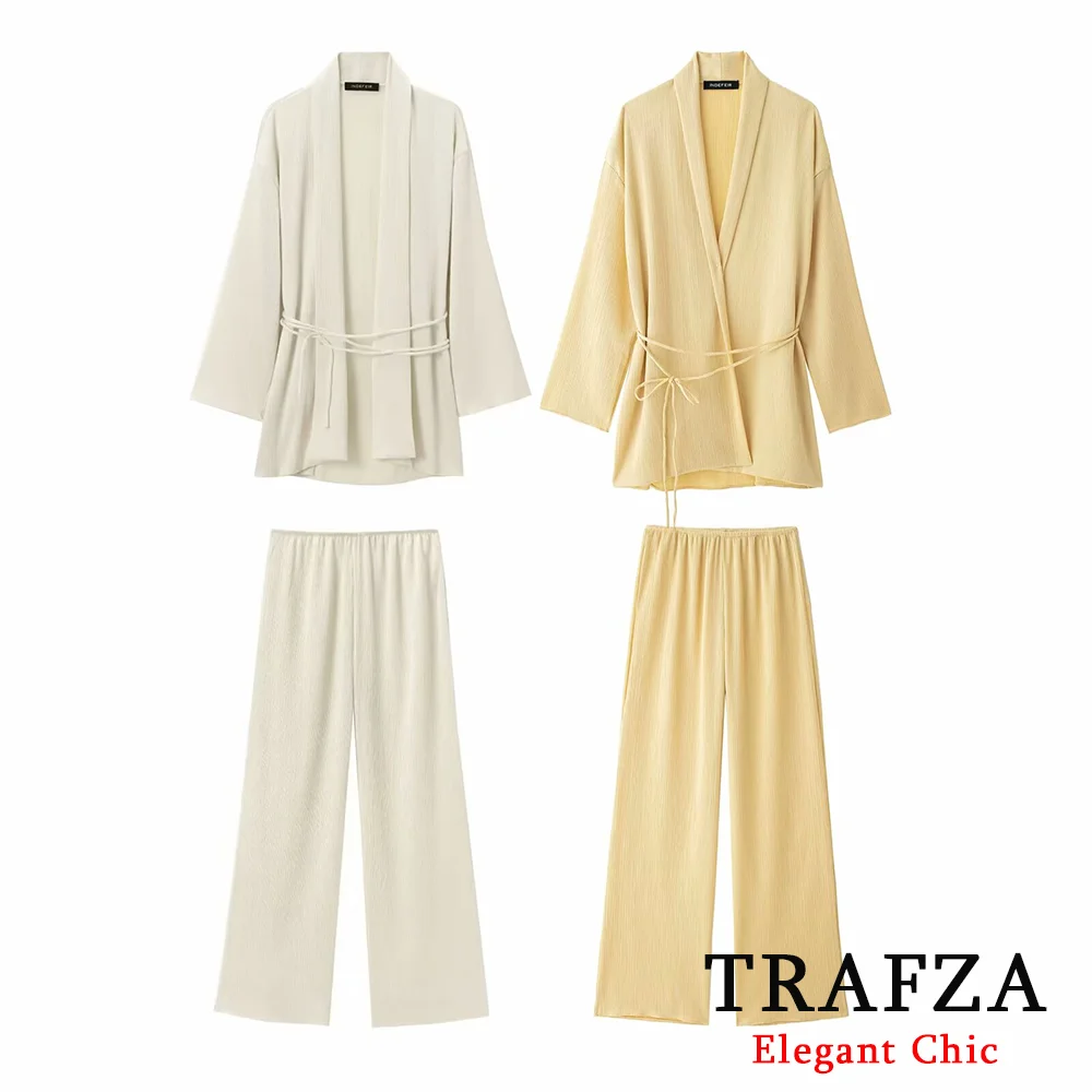 TRAFZA Luxury Casual Waist Tie Pleated Long Coat Set New 2024 Spring Fasion Vacation Kimono Pant Set Lapel Coat and Pant