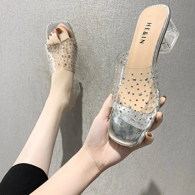 2024 Fashion PVC Transparent Rhinestone Slippers Women Sexy High Heels Square Toe Ladies Shoes Shallow Sandals Slippers Women