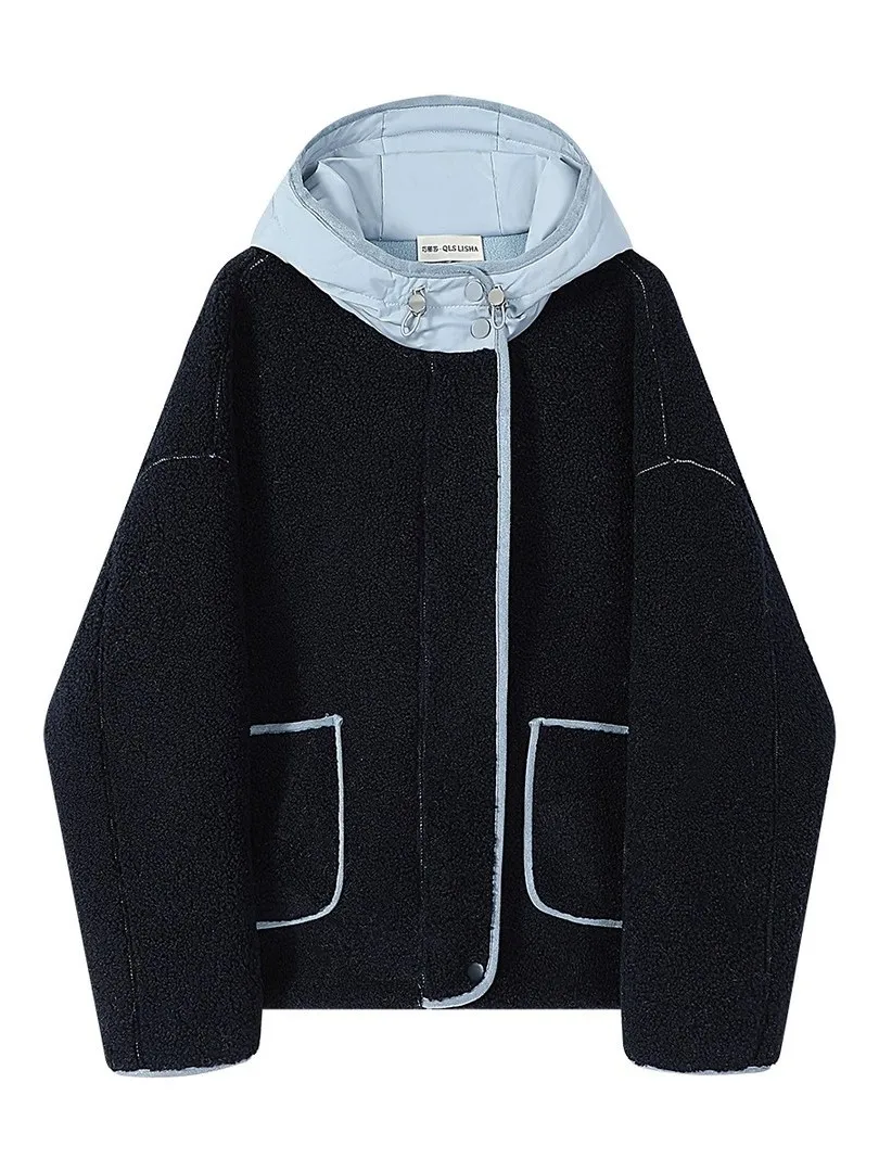 Large Size Winter Jacket Loose Fit Hooded Men's Clothing Color Block Particle Fleece Cotton Coat Fashion Urban Style Long Sle...