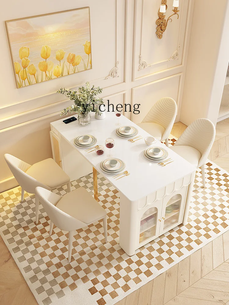 Zc Retractable Dining Table Household Small Apartment Cream Style Stone Plate Dining Tables and Chairs Set