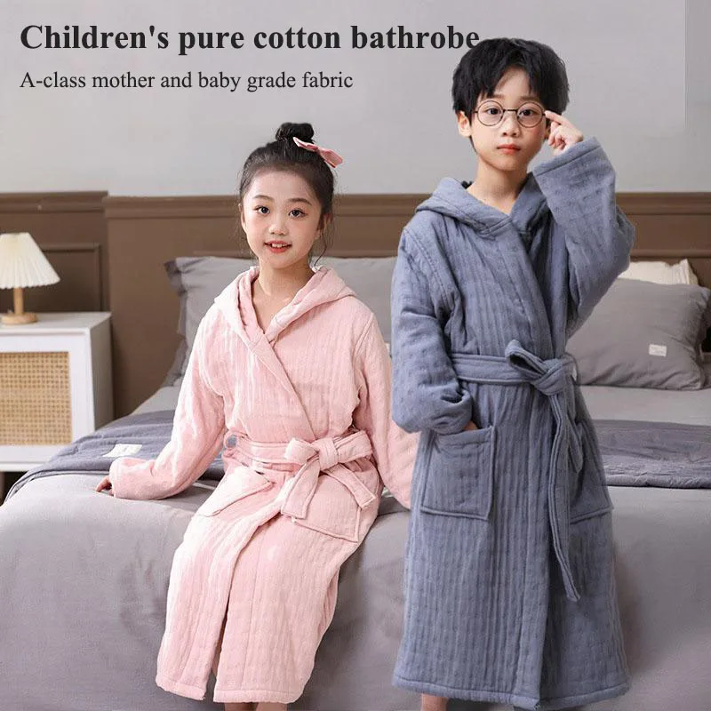

Children Pure Cotton Bathrobe 6-layer Yarn Soft Comfortable Robes with Adjuetable Belt Long Sleeve Hooded Sleepwear 6-14Y