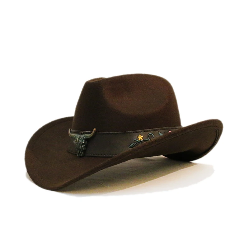 Retro Gradient Bull Head Leather Band Unisex Women Men /Kid Child Wool Wide Brim Sun Cowboy Western Hat Cowgirl Cap 54-57-61cm