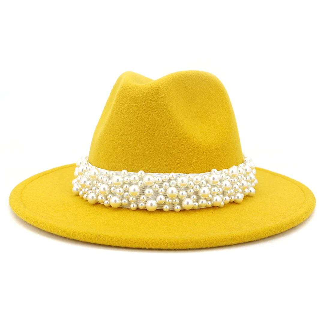 Fedora hoeden voor dames Wolvilt panamahoed met parelband Brede rand Vilten hoed Klassieke trilby jazzhoed Kerkhoeden Dames Elegant
