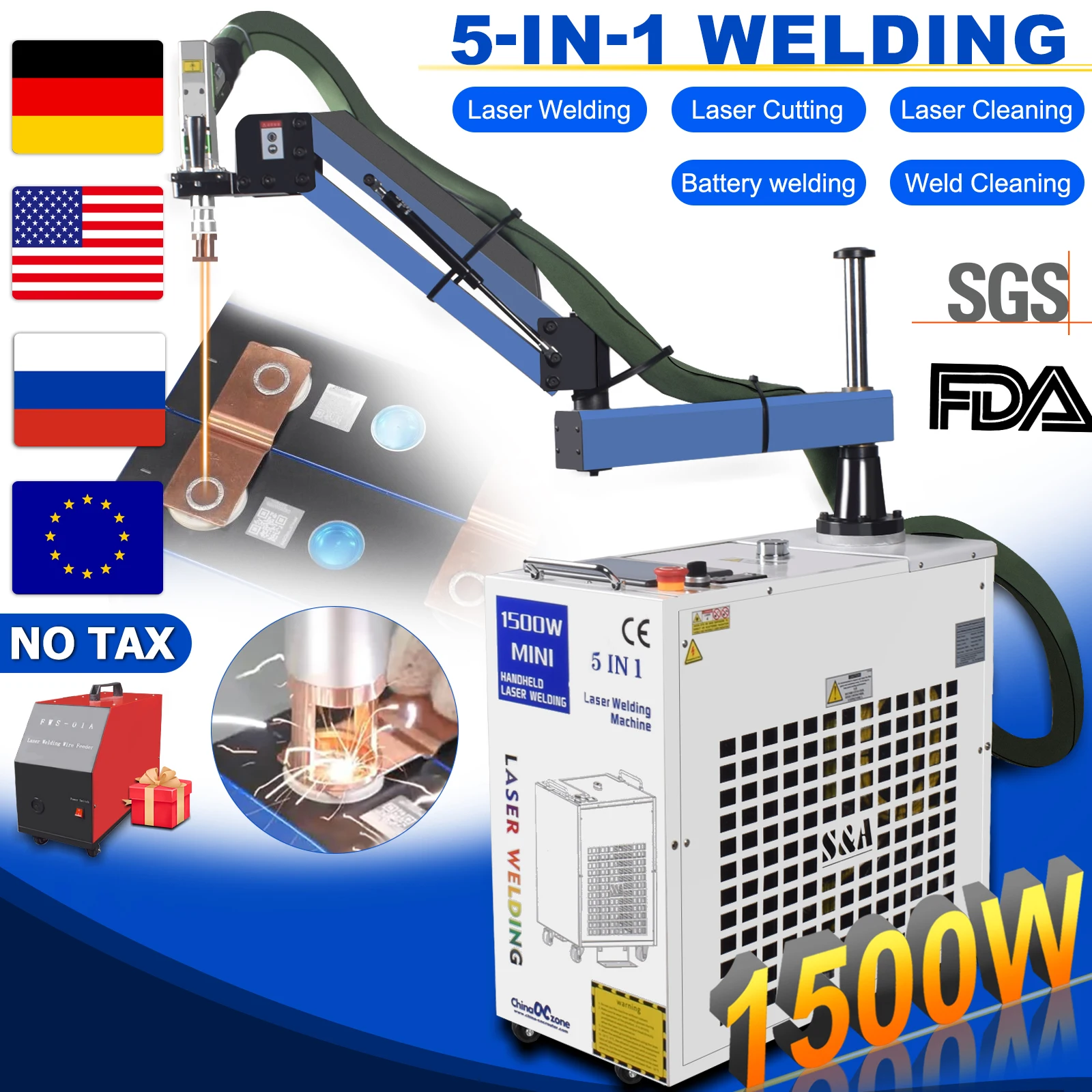 1500W 5-IN-1 Laser Welder Welding Machine Fiber Laser Industrial Battery Welding for Rust Remove Cutting Welding Double pendulum