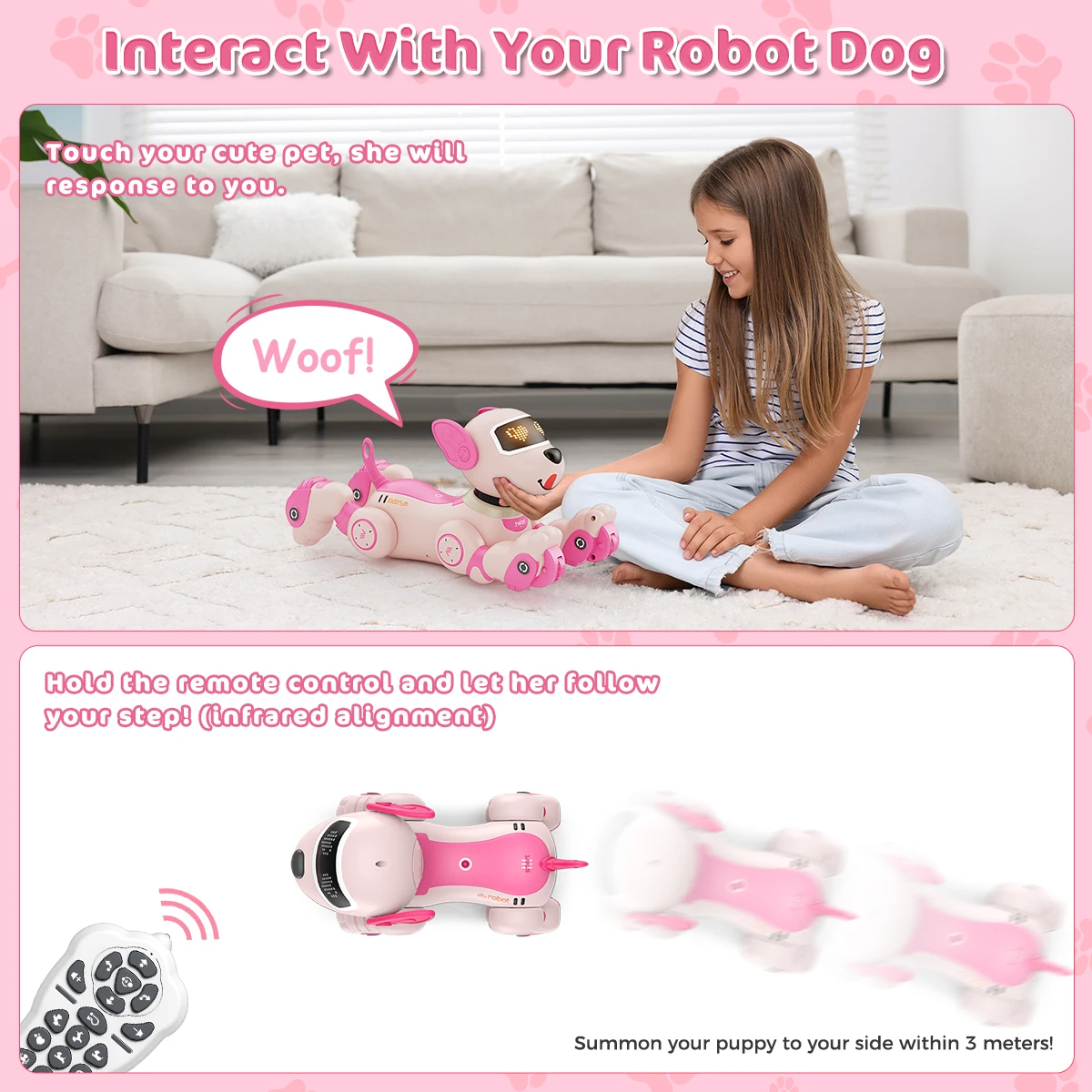 Brinquedo robô para cachorro vatos, brinquedo para crianças, voz, 2.4ghz, controle remoto, sensor de toque para animais de estimação, mais de 20 modos, brinquedo de cachorro para crianças e meninas