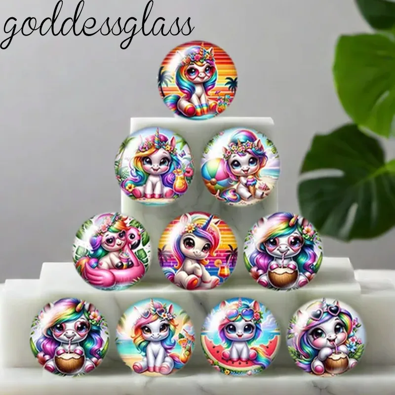 Beach Vibes Summer Playing Unicorn 10pcs 12mm/20mm/25mm Round photo glass cabochon flat back Making findings Jewelry