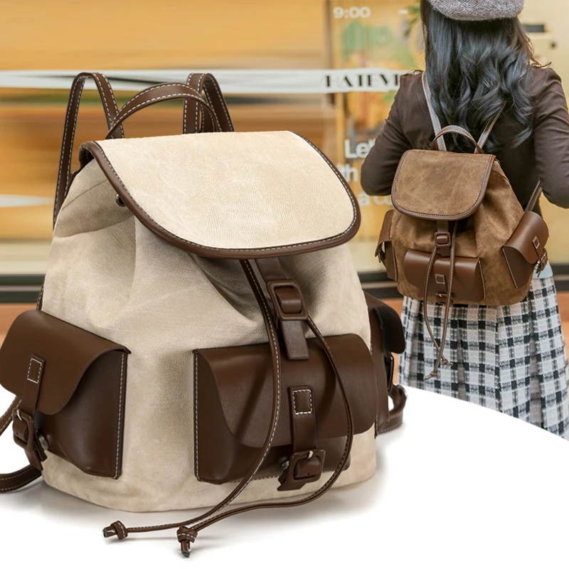 New Trendy Girls Retro Color Block Backpack, Large Capacity PU Leather Shoulder Bag, Small Travel Daypack for Women Fashion Tote