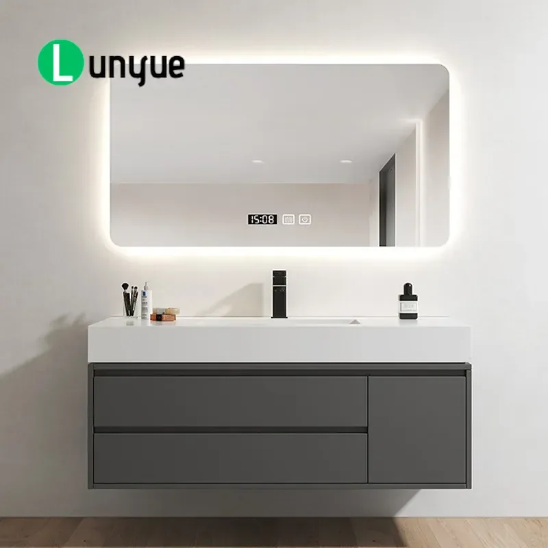 Modern White Slate Integrated Basin Bathroom Vanity Cabinet with Smart Mirror Oak Wood Wash Table for Bathroom Simple Design