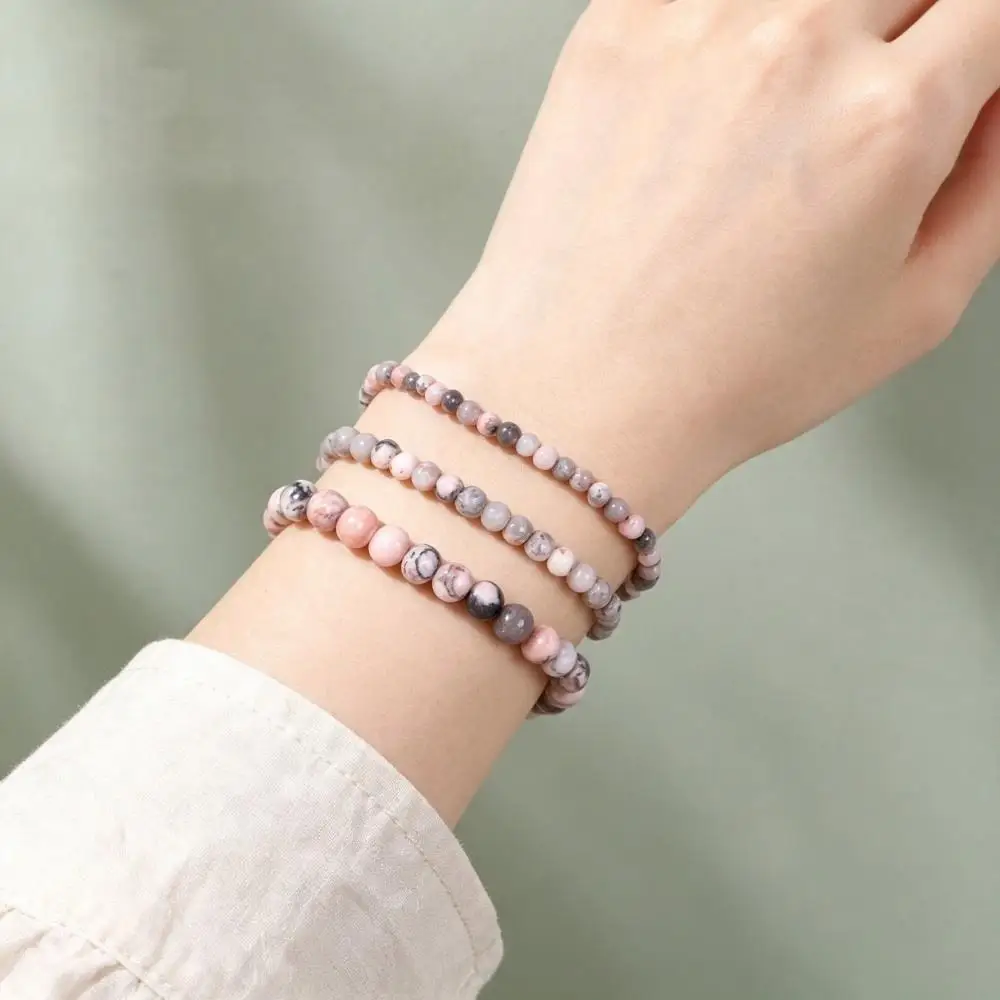 3Piece TeoWaki Pink Zebra Jasper Elastic Bracelet Natural Stone Symbol of Wisdom improve study & work efficiency for Women Men