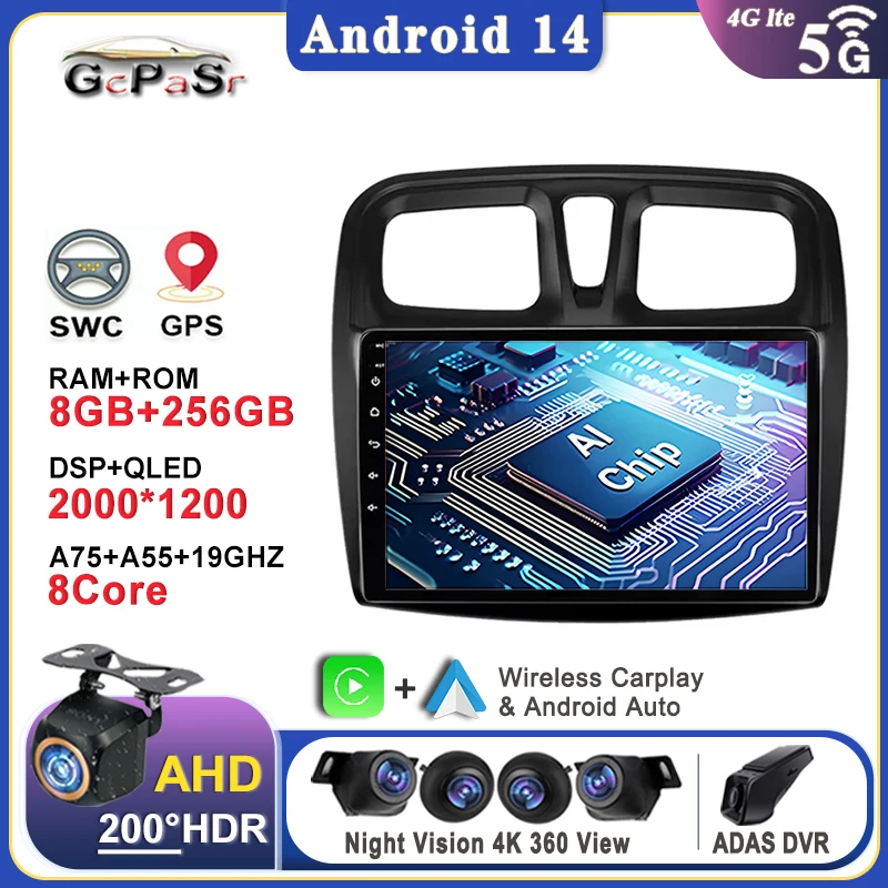 Автомобильный радиоприемник, мультимедийный видеоплеер для Renault Logan 2 Sandero 2 2014-2019 символ Android 14 2 Din Auto Carplay GPS DVD