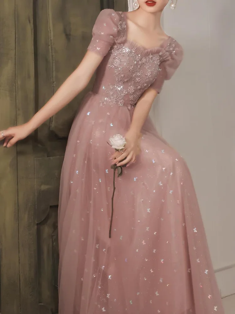 Vestido de noche elegante de línea a para invitados de boda, longitud hasta el suelo, manga corta, escote Corazón, satén, espalda en V con apliques de cuentas, vestido de Graduación