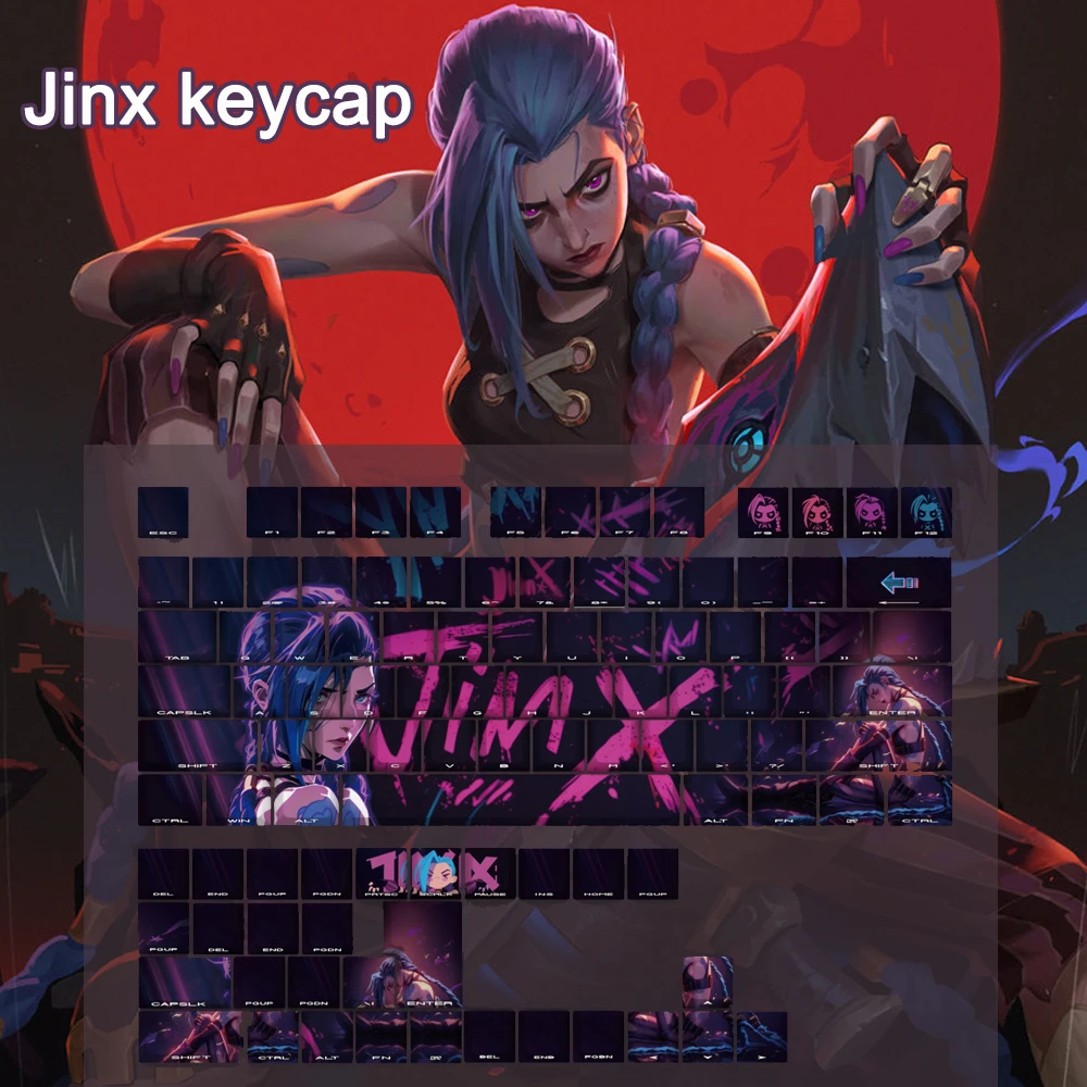 LOL Jinx Theme Keycap PBT Dye-sublimation Keyboard Cap Cherry Profile Custom Scrawl Side Engraved Keycap For Mechanical Keyboard