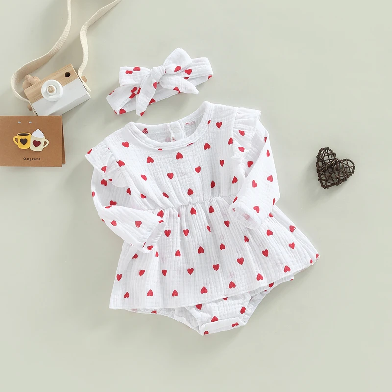 2022-10-21 Lioraitiin Baby Girls Valentine\'s Day Romper Dress Infant Heart Print Long Sleeve Skirt Hem Jumpsuits with Headband