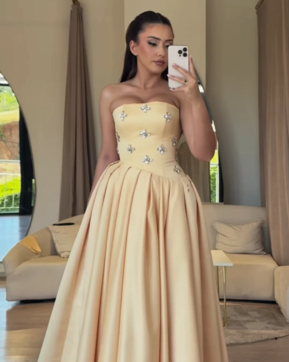 

Customized Formal Women Jersey Rhinestone Ruched A-Line Evening Dresses Fashion Strapless Sleeveless Floor Lenght Prom Dresses
