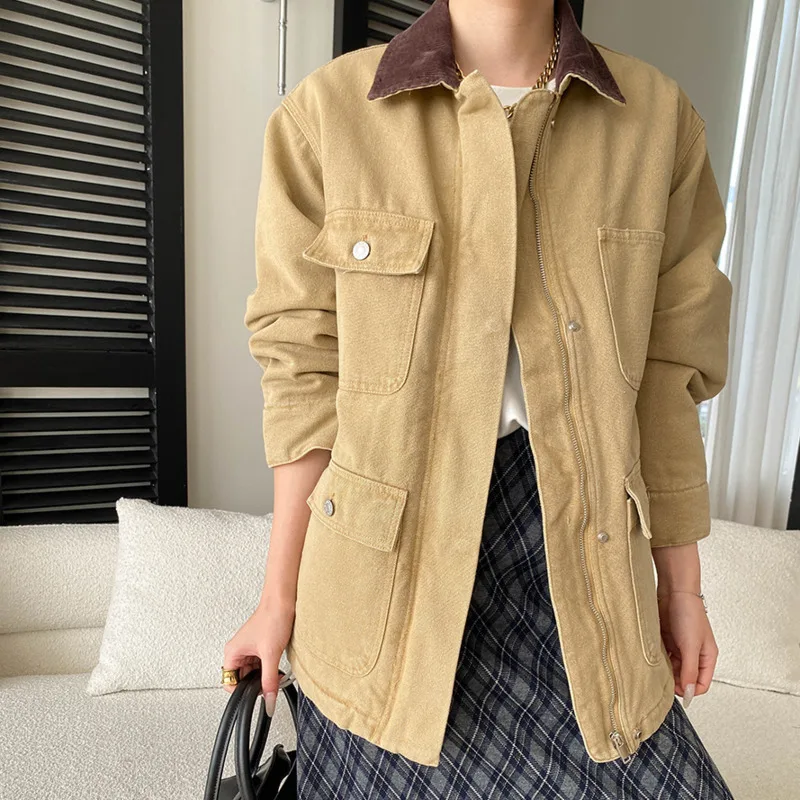 HKSH Autumn Winter New Women's Cotton-padded Coat Turn-down Collar Color Block Zip Multi-pocket Safari Style Warm Jacket HK17085