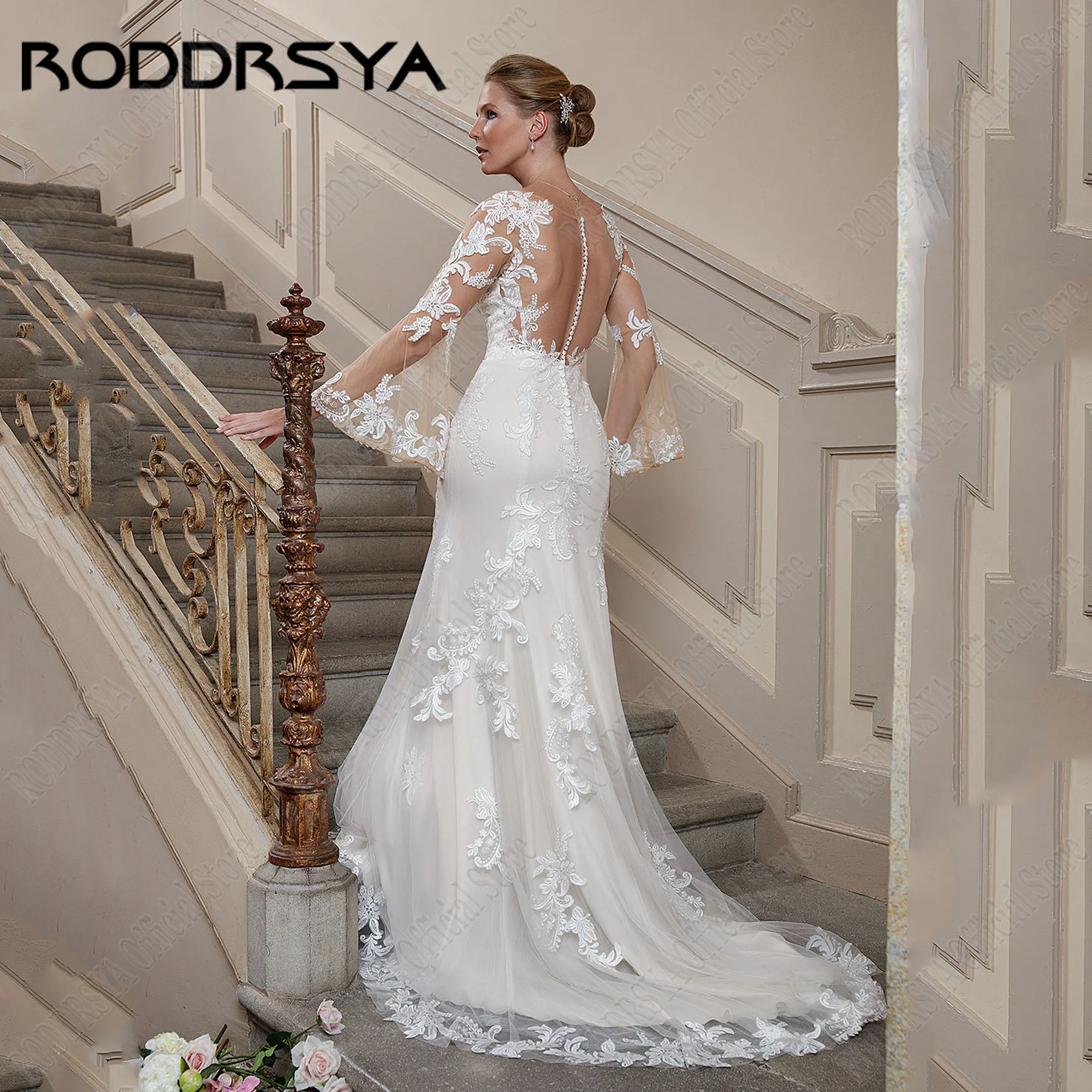 RODDRSYA-vestidos De novia De encaje con cuello en V De sirena personalizados, mangas acampanadas, apliques De botones en la espalda, vestido De novia De lujoRoddsya personaliza la sirena V - collar encaje vestido de n