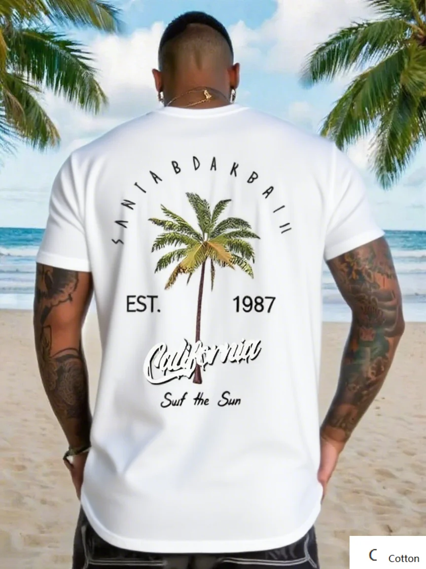 

Mens Cotton T Shirt Featuring Retro California Beach Style Palm Tree Print Trendy Printed Brand Pure Cotton T-shirt Short Sleeve