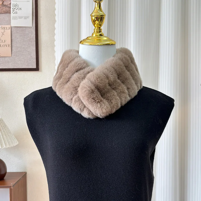 Rex Rabbit Fur Scarf Women Winter Double-Sided Warm Natural Fur Neck Warmer Fashion Real Fur Collar Female Coat Hood Fur Decor