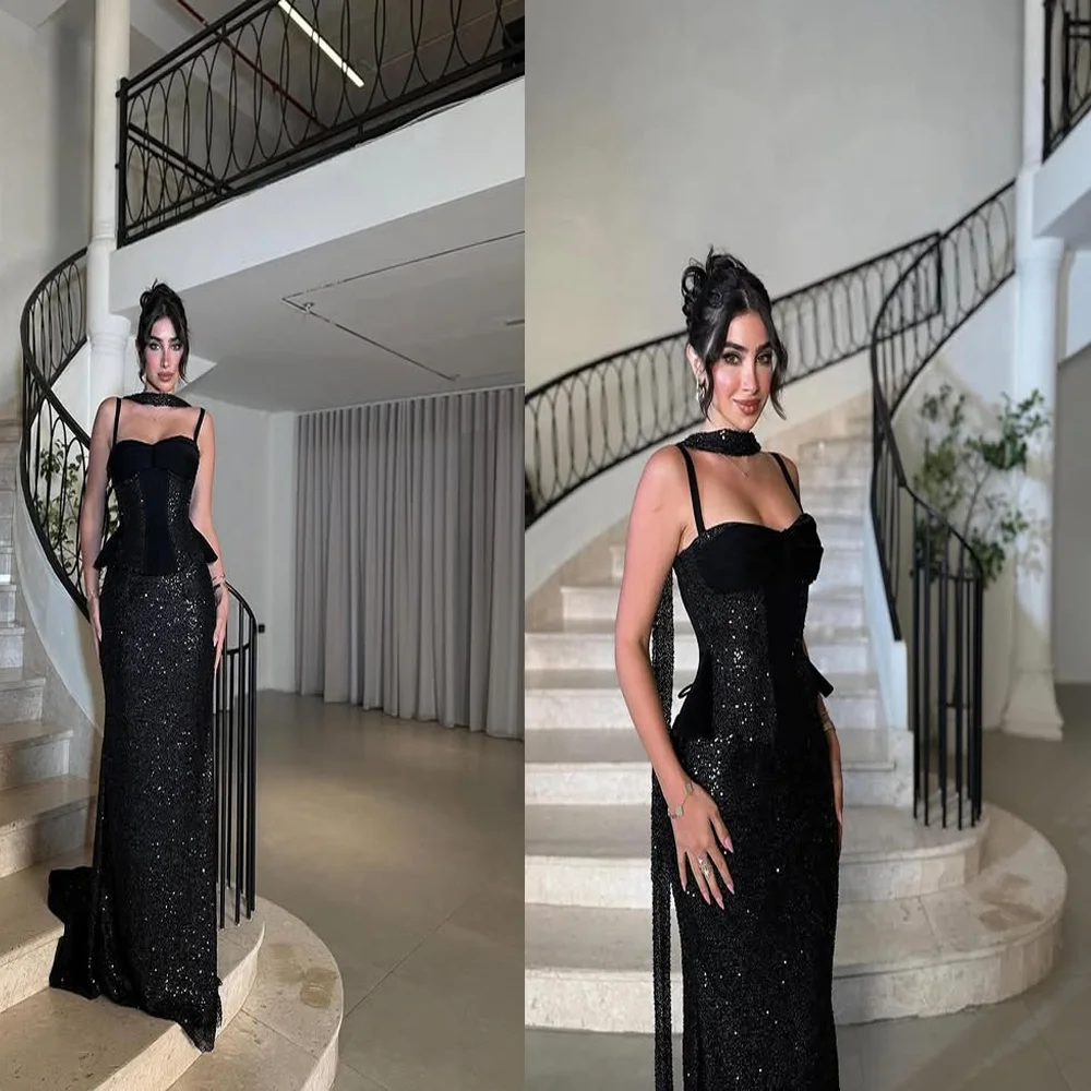 

Women's Spaghetti Straps Sequins Sparkly Backless Prom Dress Glamorous Sheath Long Evening Gown with Court Customized