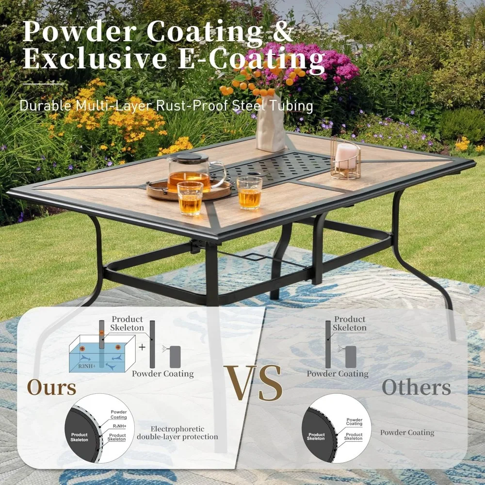 طاولة طعام مستطيلة الشكل بلون خشب الساج تتسع لـ 6 أشخاص مع فتحة مظلة، وأثاث خارجي بإطار فولاذي متين