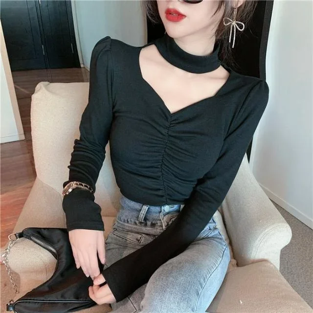 

2023 Long Sleeve V-neck Pleated Neck Blouse Short Women Blusas Clothes for Women Tops Shirts Blouses