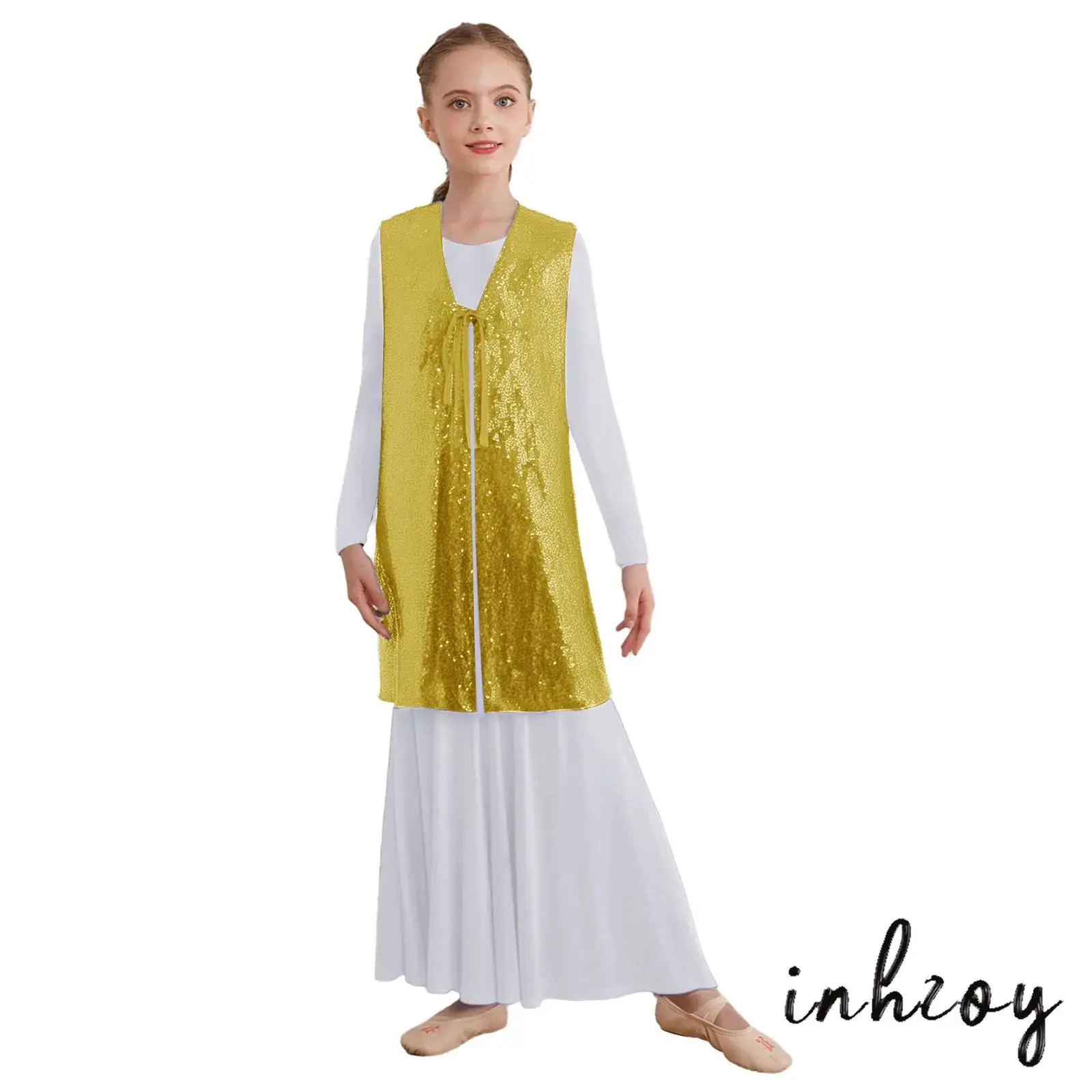 

Kids Girls Lyrical Praise Dance Outfit Open Front Self-Tie Sleeveless Split Shiny Sequins Tunic Top with Long Sleeve Maxi Dress