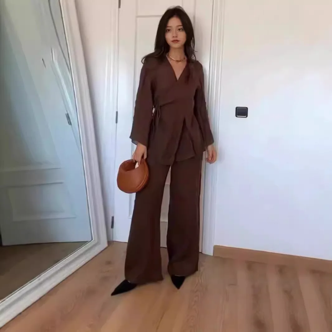 

Muslim 2 Piece Set Women Modest Blouse Wide Leg Pants Suit Lace Up Ramadan Ensemble Morocco Dubai Islam Arabic Casual Outfits