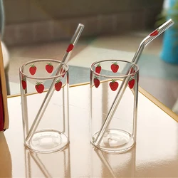 Ins Kawaii Style Mugs Strawberry Glasses Coffee Milk Water Glass Cups with Straws Clear Cute Juice Gifts for Girl Lady Set