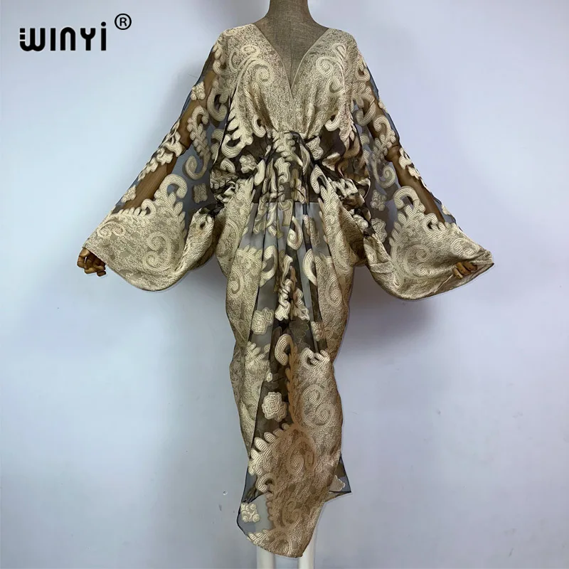 

WINYI summer elegant sexy Perspective dress boho dress Women kaftan Bohemia Africa kaftan beach Cover Up dubai abaya