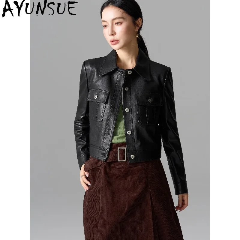 AYUNSUE Real Leather Black Jackets for Woman 2026 Short Motorcycle Leather Jacket Woman Luxury Lapel Outerwears Woman Clothes 코트