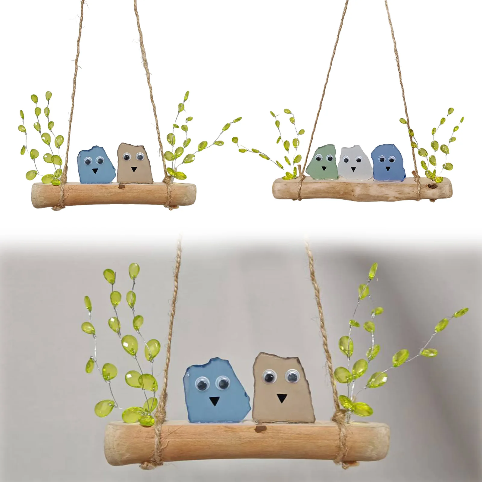 Sea Glass Birds on Branch Driftwood Art for Balcony Garden Home Decor Sea Glass Bird Perch Ornament Gift for Nature Lovers
