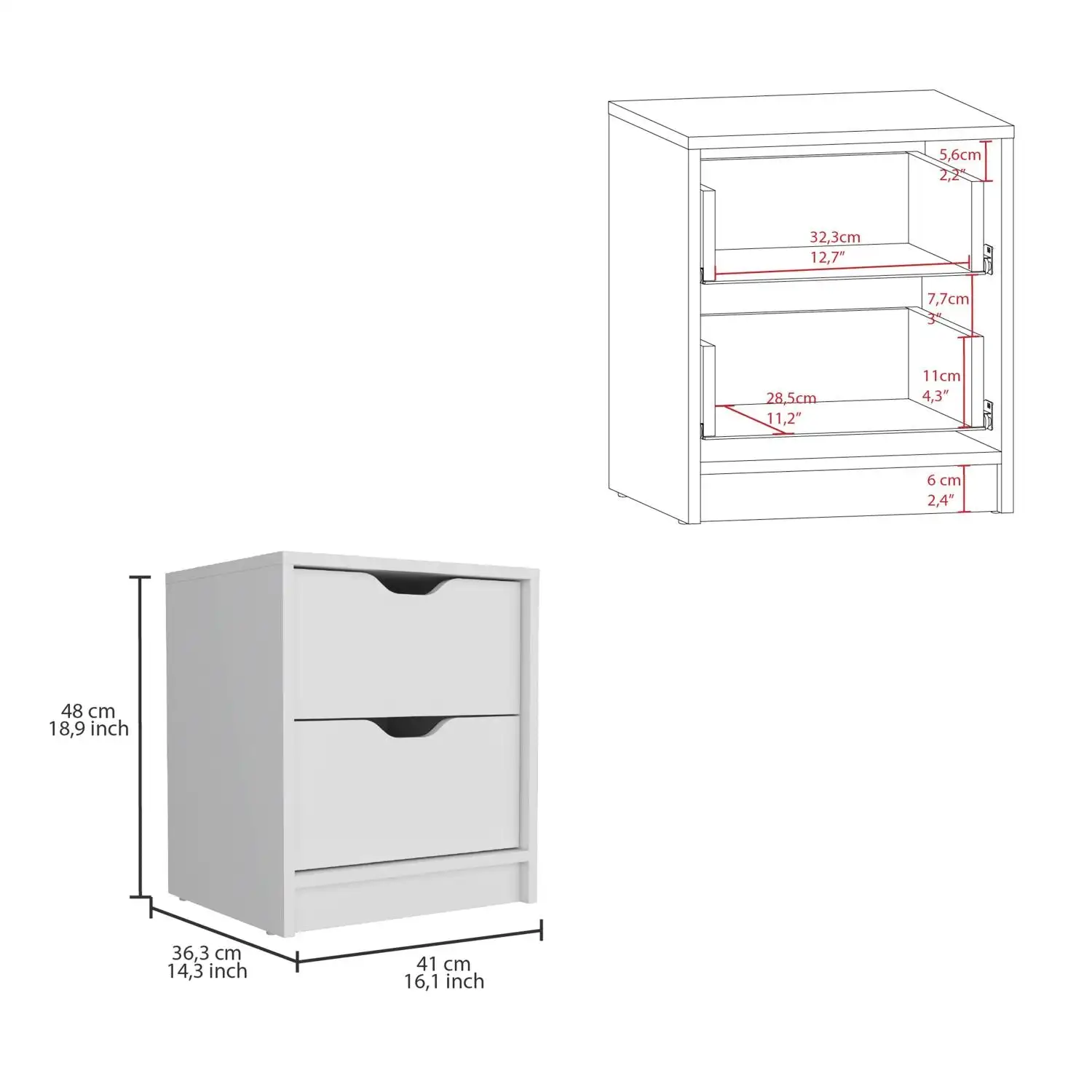 Basilea 2 Drawers Nightstand, Pull Out System White