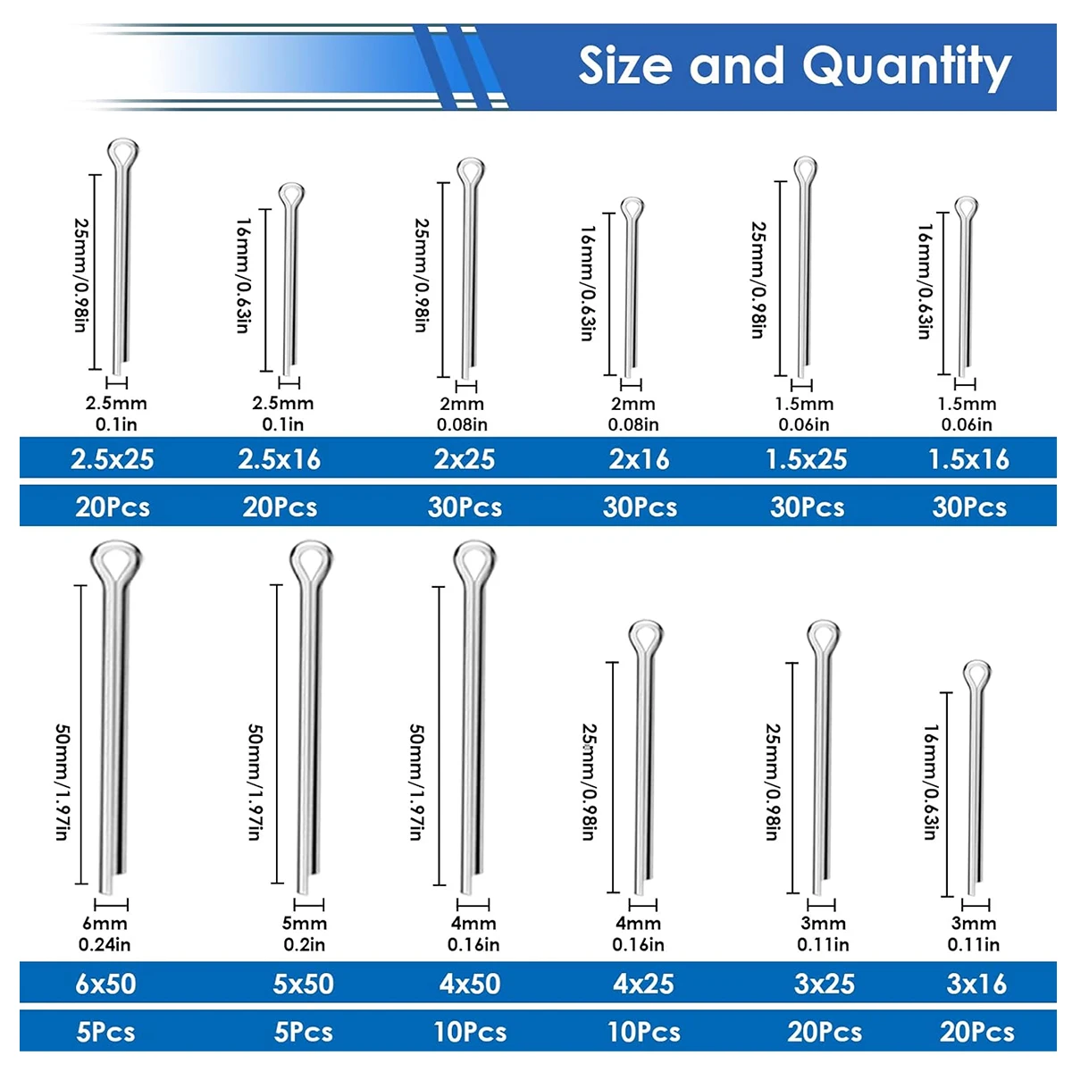 230Pcs Cotter Pins 304 Stainless Steel Cotter Pins Combination Kit is used for Hanging Device Lock System Truck Maintenance
