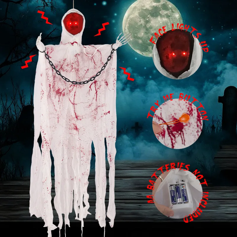 New Halloween Horror Faceless Chain White Ghost Induction Electric Glow Sound Swing Scary Atmosphere Pack For Inside Outdoor
