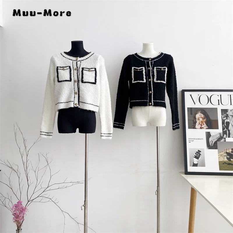 

Korean Fashion Solid Color Patchwork Pocket Crewneck Single Breasted Knitted Cardigan for Women 2023 Autumn Winter Furry Top