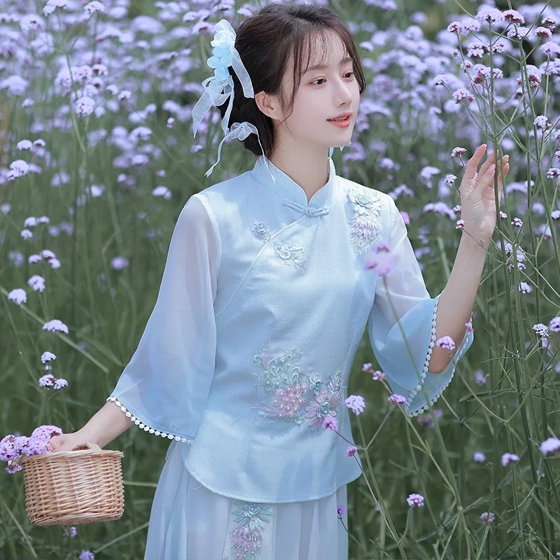 

Yourqipao Summer Gentle Sweet Tang Suit Tops Skirt Tea Suit Daily Fairy Retro Chinese Style Hanfu Dress Clothing for Women