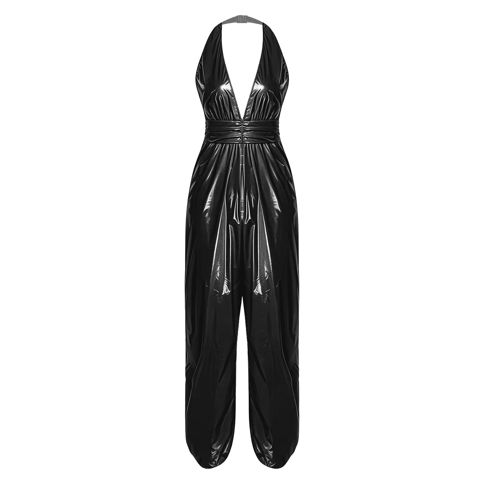 Halter Backless Water Resistant Jumpsuit for Women Fashion Ruched Waist Side Split Back Zipper Bodysuit for Night Party Clubwear