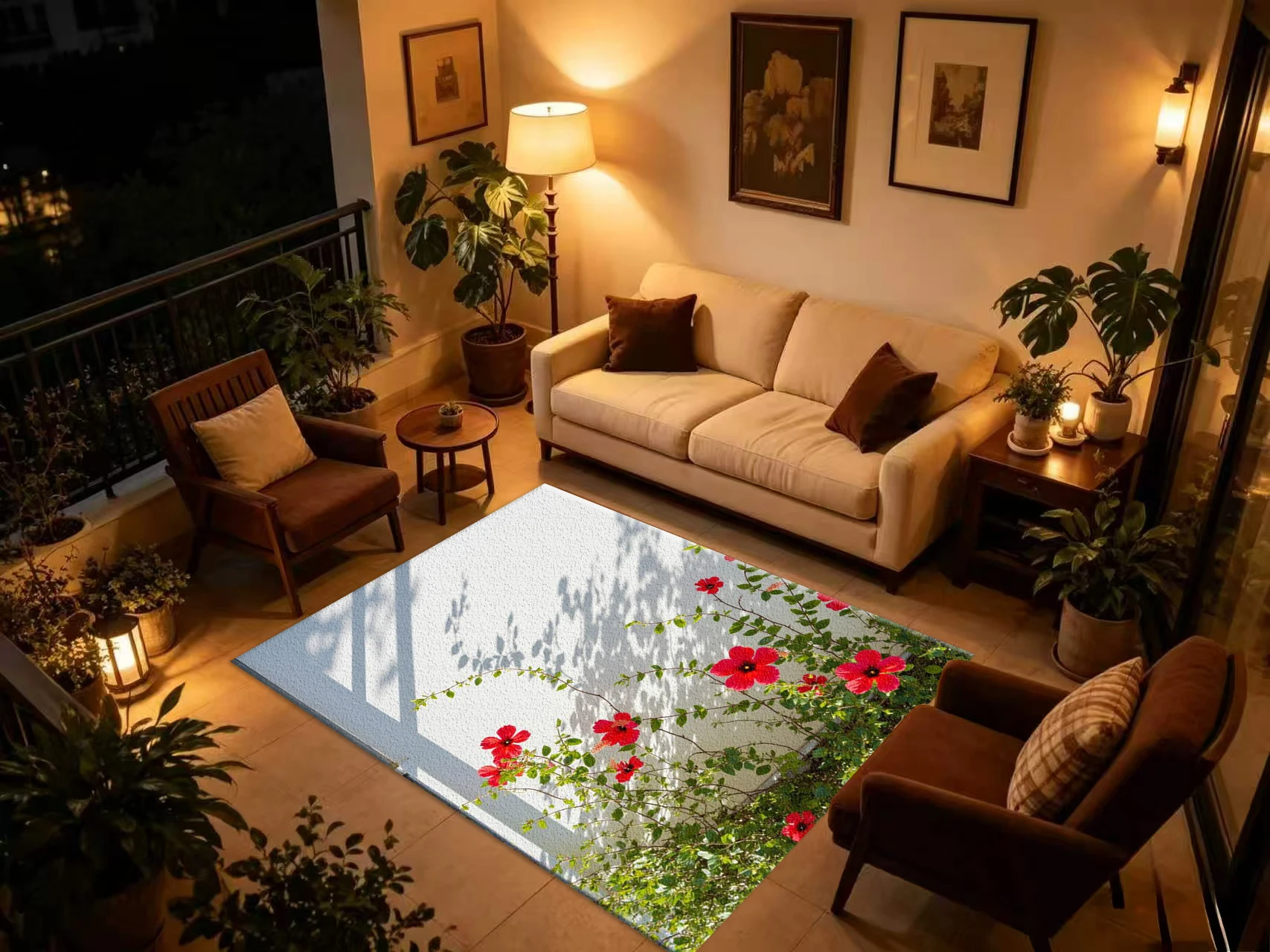 Red Hibiscus Flower Wall Shadow Carpet Flooring, Tropical Floral Non-Slip Area Rug for Living Room Balcony Home Floor Decor